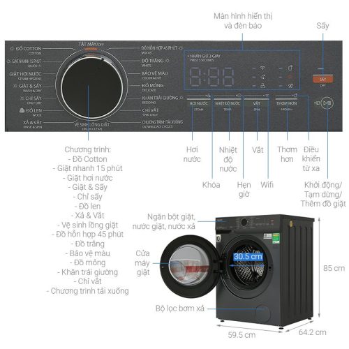 Máy giặt sấy Toshiba TWD-T21BU140UWV(MG) 8 Kích thước máy giặt sấy Toshiba TWD-T21BU140UWV(MG)