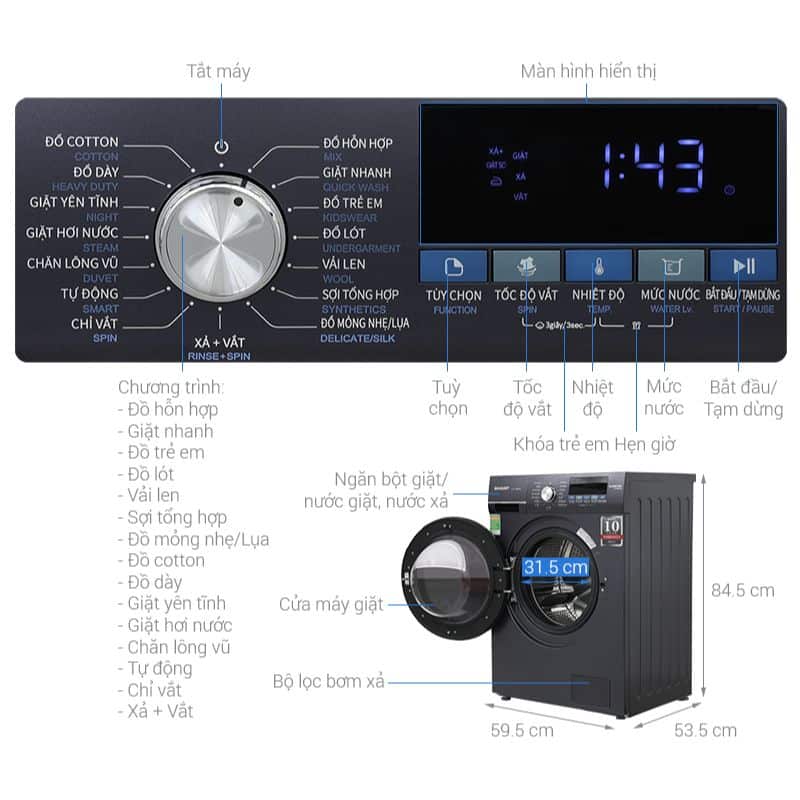 Máy giặt Sharp Inverter 9 kg ES-FM90CB-SB 5 Kích Thước Máy giặt Sharp Inverter 9 kg ES-FM90CB-SB