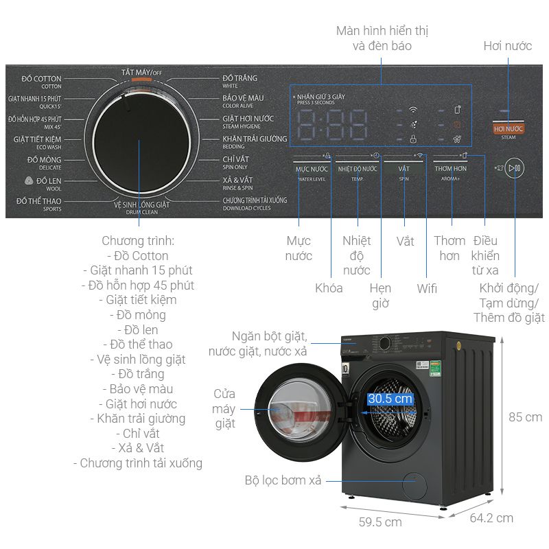Máy giặt Toshiba Inverter 10 kg TW-T21BU110UWV(MG) 6 Kích thước máy giặt Toshiba Inverter 12 kg TW-T21BU130UWV(MG)
