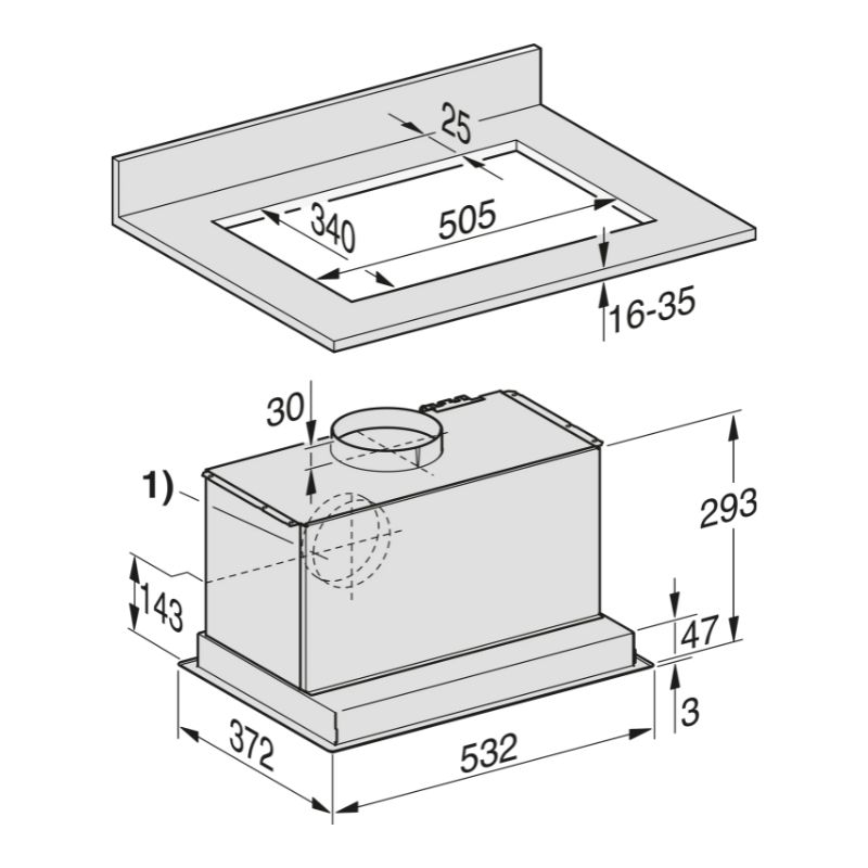 Máy hút mùi âm trần Miele DA 2450-1 5 Kích thước máy hút mùi âm trần Miele DA 2450-1