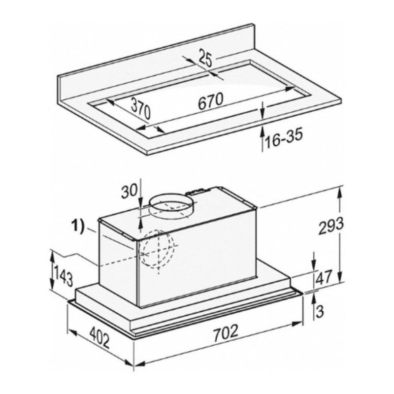Máy hút mùi âm tủ Miele DA 2578 5 Kích thước máy hút mùi âm tủ Miele DA 2578