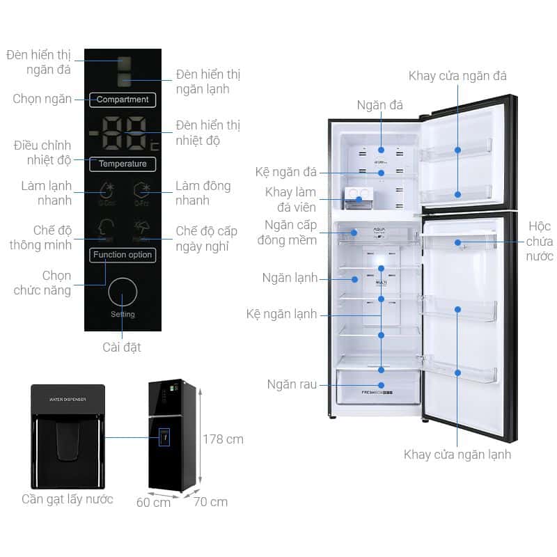 Tủ lạnh 2 cánh ngăn đá trên Inverter 347 lít Aqua AQR-T389FA(WGB) 5 Kích Thước Tủ lạnh 2 cánh ngăn đá trên Inverter 347 lít Aqua AQR-T389FA(WGB)