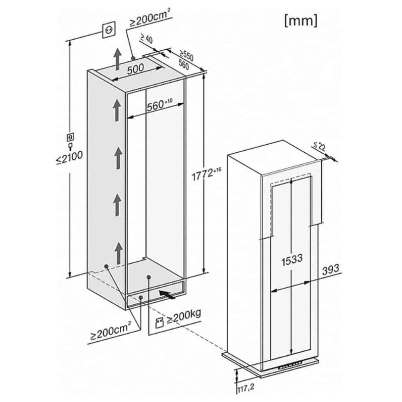 Tủ rượu Miele KWT 6722 iS 4 Kích thước tủ rượu Miele KWT 6722 iS