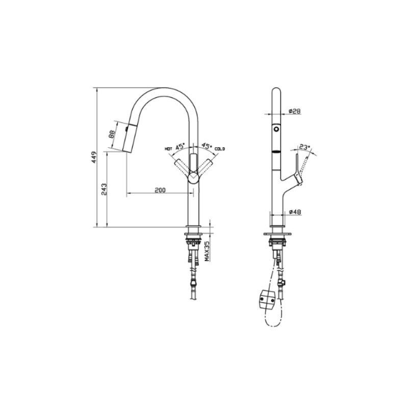 Vòi rửa bát nóng lạnh Hafele LUX-P HT25-SH1F449 570.85.044 Đen mờ 4 Kích thước vòi rửa bát nóng lạnh Hafele LUX-P HT25-SH1F449 570.85.044 Đen mờ