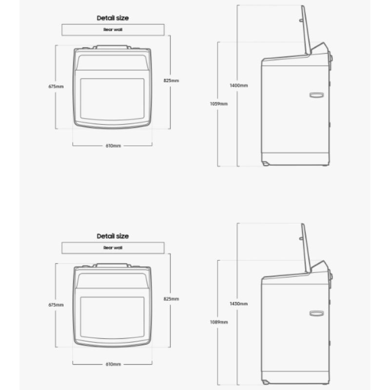 Máy giặt Samsung Inverter 14 kg WA14CG5886BDSV 4 Kích thước máy giặt Samsung Inverter 14 kg WA14CG5886BDSV