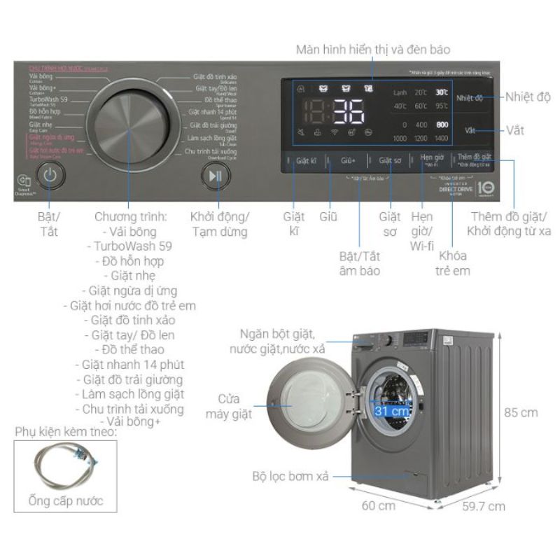 Máy giặt LG AI DD Inverter 10 kg FV1410S4M1 7 Kích thước máy giặt LG AI DD Inverter 10 kg FV1410S4M1
