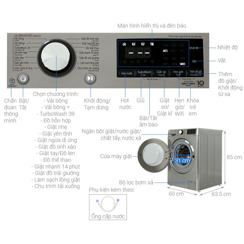 Máy giặt LG AI DD Inverter 14 kg FV1414S3P 7 Kích thước máy giặt LG AI DD Inverter 14 kg FV1414S3P
