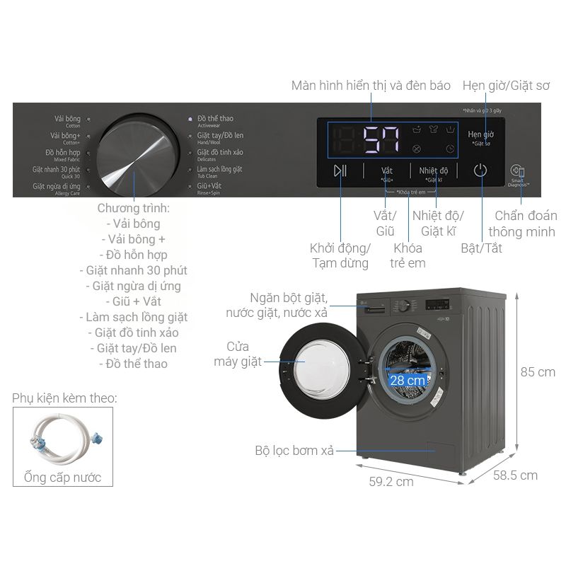 Máy giặt LG Inverter 9 kg FB1209S6M 5 Kích thước máy giặt LG Inverter 9 kg FB1209S6M