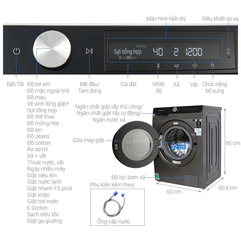 Máy giặt Samsung Inverter 13 kg WA80F13S5BSV 6 Kích thước máy giặt Samsung AI Inverter 10kg WW10T634DLX/SV