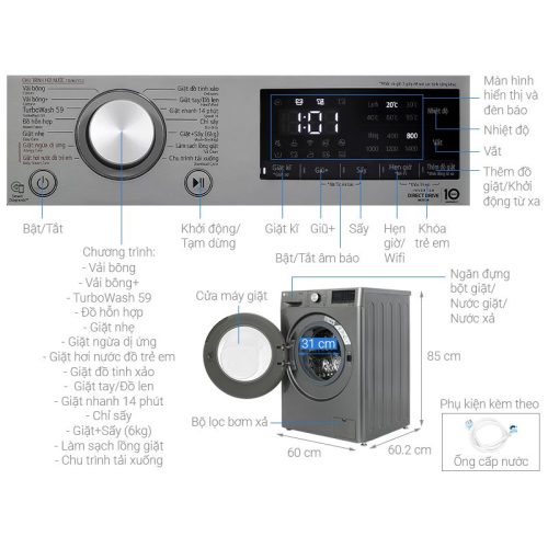 Máy giặt sấy LG AI DD Inverter giặt 10 kg - sấy 6 kg FV1410D4P 11 Kích thước máy giặt sấy LG AI DD Inverter giặt 10 kg - sấy 6 kg FV1410D4P