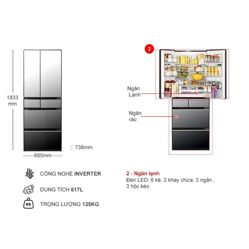 Tủ lạnh 6 cánh Multi Door Inverter 617 lít Hitachi R-HW620RV X 4 Kích thước tủ lạnh 6 cánh Multi Door Inverter 617 lít Hitachi R-HW620RV X