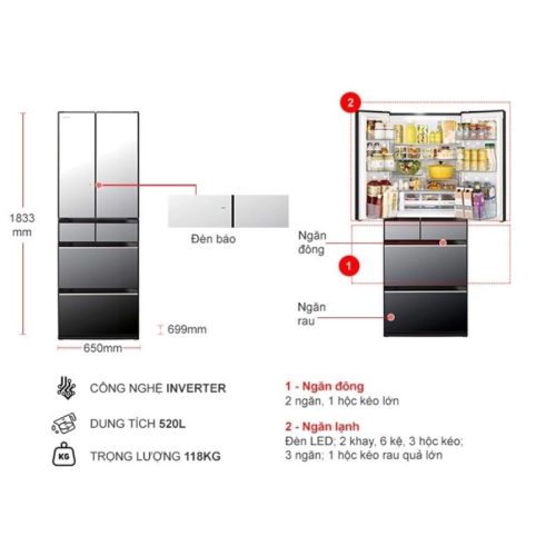 Tủ lạnh Hitachi Inverter 520 lít R-HW540RV X 7 Kích thước tủ lạnh Hitachi Inverter 520 lít R-HW540RV X