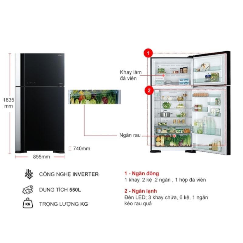Tủ lạnh Hitachi Inverter 550 lít R-FG690PGV7X GBK 6 Kích thước tủ lạnh Hitachi Inverter 550 lít R-FG690PGV7X GBK