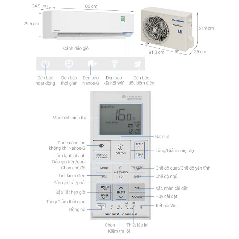 Máy lạnh Panasonic Inverter 2 HP CU/CS-U18BKH-8 6 Kích thước máy lạnh Panasonic Inverter 2 HP CU/CS-U18BKH-8