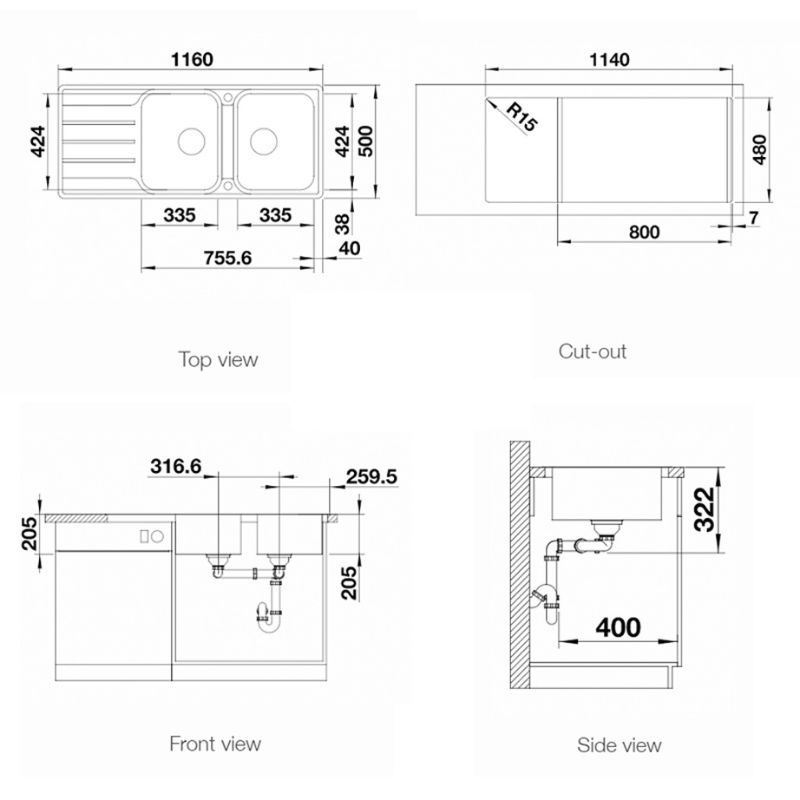 Kích thước chậu rửa bát Blanco LEMIS 8S-IF Kích thước chậu rửa bát Blanco LEMIS 8S-IF