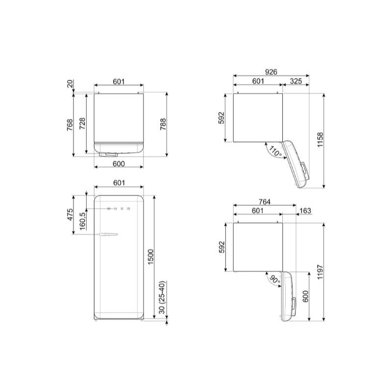 Tủ lạnh đơn Hafele Smeg FAB28RCR5 535.14.545 màu kem 4 Kích thước tủ lạnh đơn Hafele Smeg FAB28RCR5 535.14.545 màu kem
