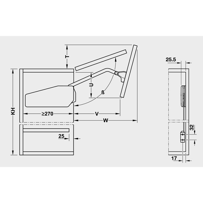 Bộ tay nâng Free Fold Short Hafele 493.05.735 4 Kích thước của Bộ tay nâng Free Fold Short Hafele 493.05.735