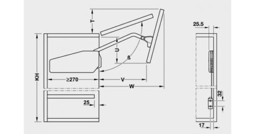 Bộ tay nâng Free Fold Short Hafele 493.05.739 5 Kích thước của Bộ tay nâng Free Fold Short Hafele 493.05.739