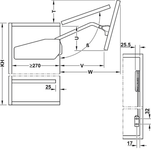 Bộ tay nâng Free Fold Short Hafele 493.05.897 5 Kích thước của Bộ tay nâng Free Fold Short Hafele 493.05.897