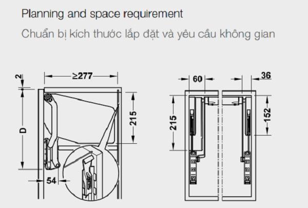 Bộ tay nâng Free Up E Hafele 372.29.708 nắp trắng 4 Kích thước của Bộ tay nâng Free Up E Hafele 372.29.708 nắp trắng