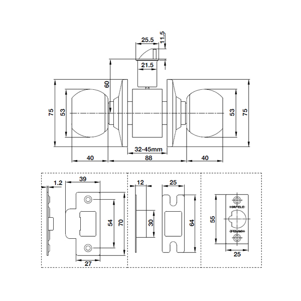 Khóa tay nắm tròn cửa đi Hafele 489.93.130 4 Kích thước của Khóa tay nắm tròn cửa đi Hafele 489.93.130