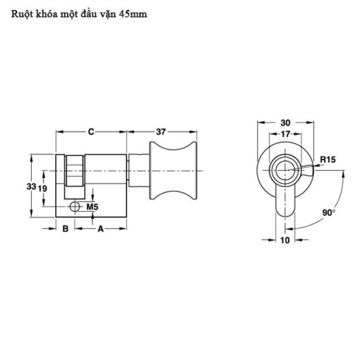 Ruột khóa 1 đầu vặn 45mm màu đen Hafele 916.64.035 5 Kích thước của Ruột khóa 1 đầu vặn 45mm màu đen Hafele 916.64.035
