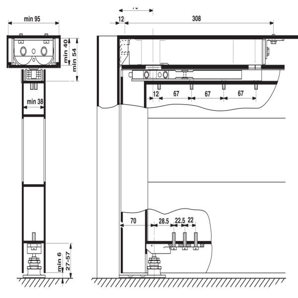 Thiết bị đóng cửa tự động gắn khung EN3 Hafele 932.79.110 4 Kích thước của Thiết bị đóng cửa tự động gắn khung EN3 Hafele 932.79.110