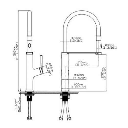 Vòi rửa bát nóng lạnh Paul Schmitt PA316K có dây rút 5 Kích thước vòi rửa bát nóng lạnh Paul Schmitt PA316K có dây rút