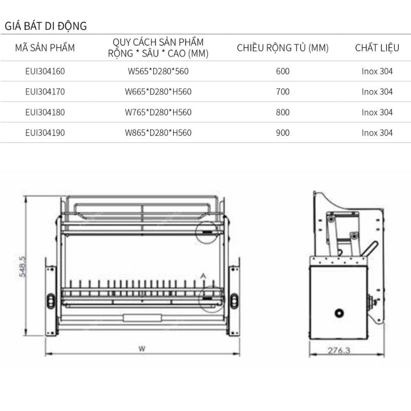 Kích thước giá bát di động Eurogold EUI304180 Kích thước giá bát di động Eurogold EUI304180