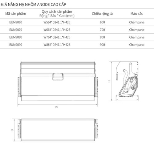Kích thước giá nâng hạ Eurogold EUM9080