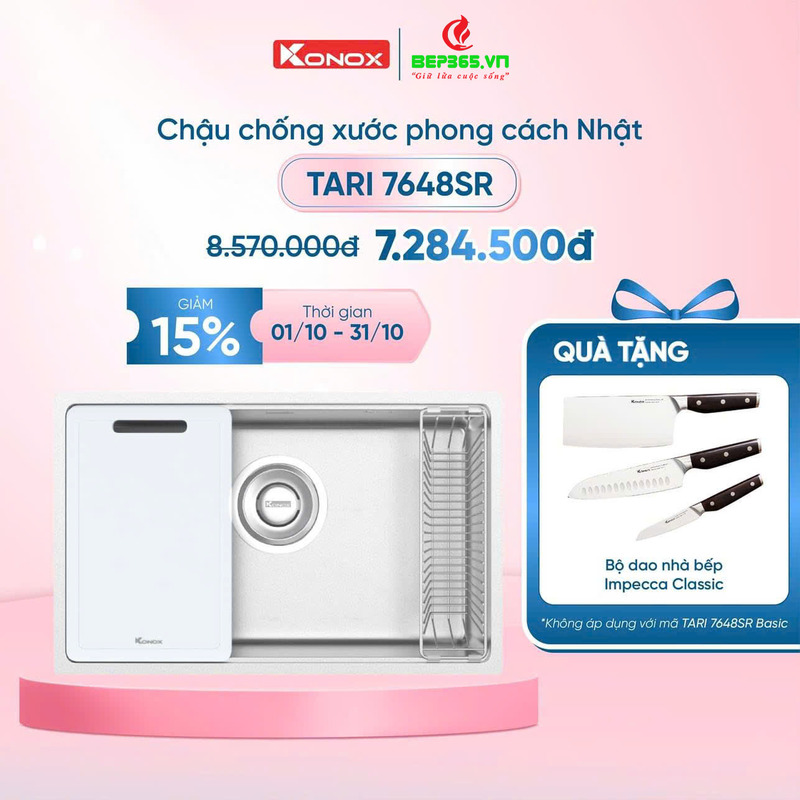 Chậu rửa bát inox 1 hố Konox TARI 7648SR 3 Khuyến mãi chậu rửa bát inox 1 hố Konox TARI 7648SR