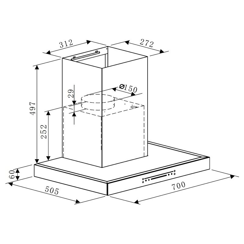Máy hút mùi áp tường Hafele HC-W705B 533.87.377 5 Kích thước máy hút mùi áp tường Hafele HC-W705B 533.87.377