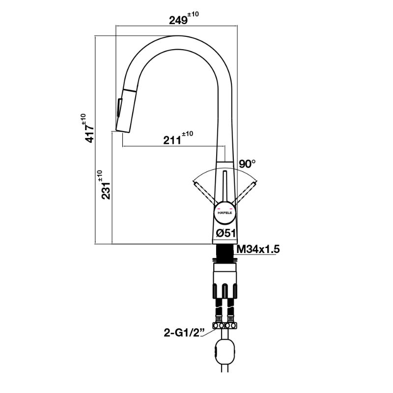 Vòi rửa bát Hafele HT24-SH1P417-BR 570.85.041 có dây rút 6 Kích thước vòi rửa bát Hafele HT24-SH1P417-BR 570.85.041 có dây rút