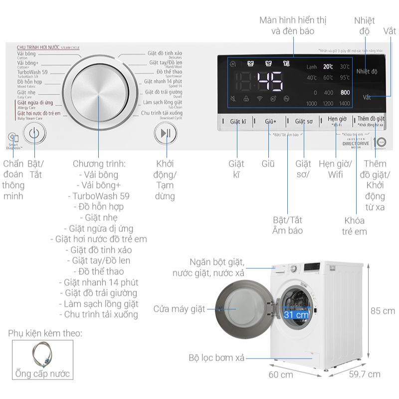 Máy giặt LG 10kg FV1410S4W1 ABWPEVN cửa trước 4 Thông số kỹ thuật máy giặt LG 10kg FV1410S4W1 ABWPEVN cửa trước