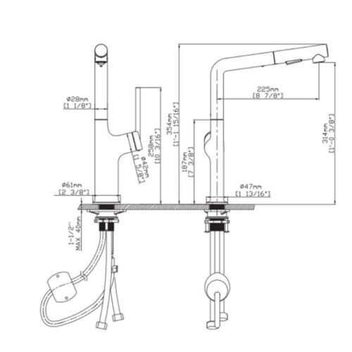 Vòi rửa bát nóng lạnh Kluger KLF0010B có dây rút 15 Ảnh 2D Kluger KLF0010B có dây rút