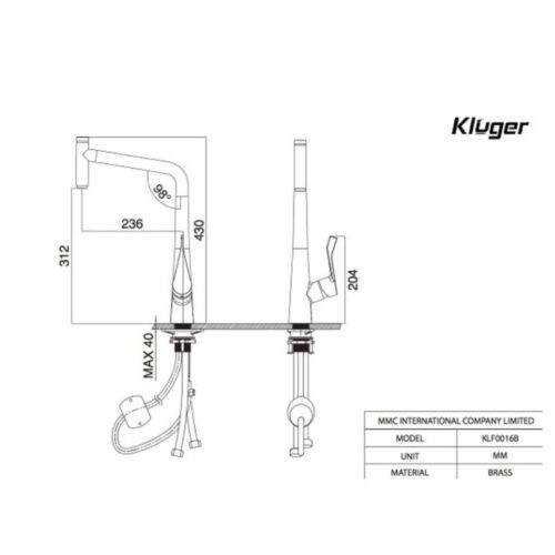 Vòi rửa bát nóng lạnh Kluger KLF0016B có dây rút 15 Ảnh 2d Kluger KLF0016B có dây rút