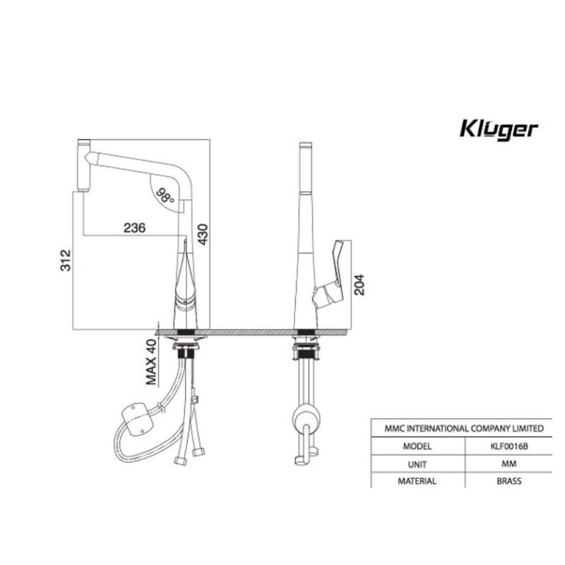 Vòi rửa bát nóng lạnh Kluger KLF0016B có dây rút 9 Ảnh 2d Kluger KLF0016B có dây rút