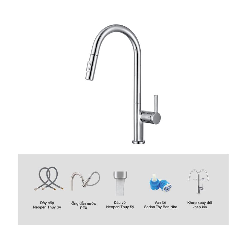 Vòi rửa bát nóng lạnh Kluger KLF0003C có dây rút 6 Ảnh cấu tạo Kluger KLF0003C có dây rút