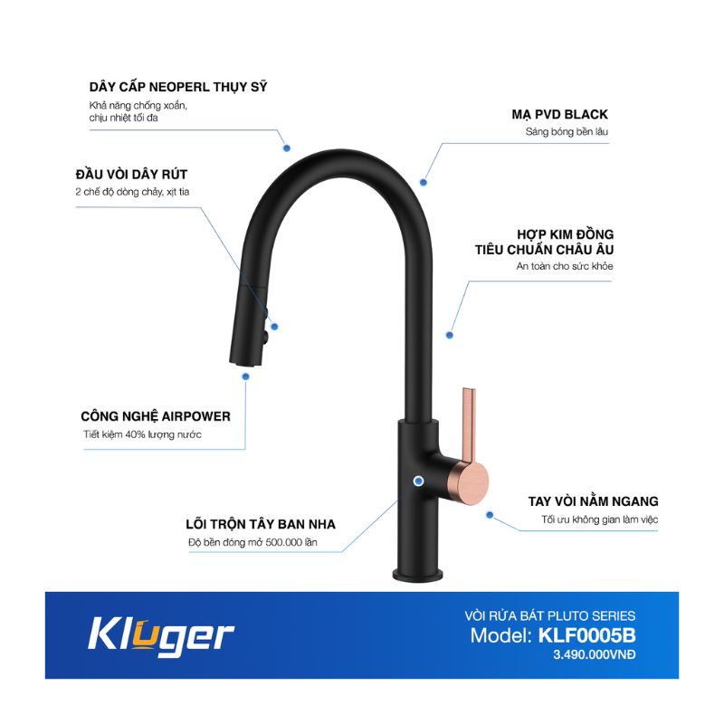 Vòi rửa bát nóng lạnh Kluger KLF0005B có dây rút 7 Ảnh cấu tạo Kluger KLF0005B có dây rút