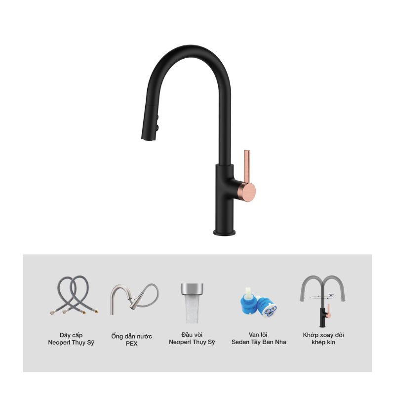 Vòi rửa bát nóng lạnh Kluger KLF0005B có dây rút 6 Ảnh cấu tạo Kluger KLF0005B có dây rút