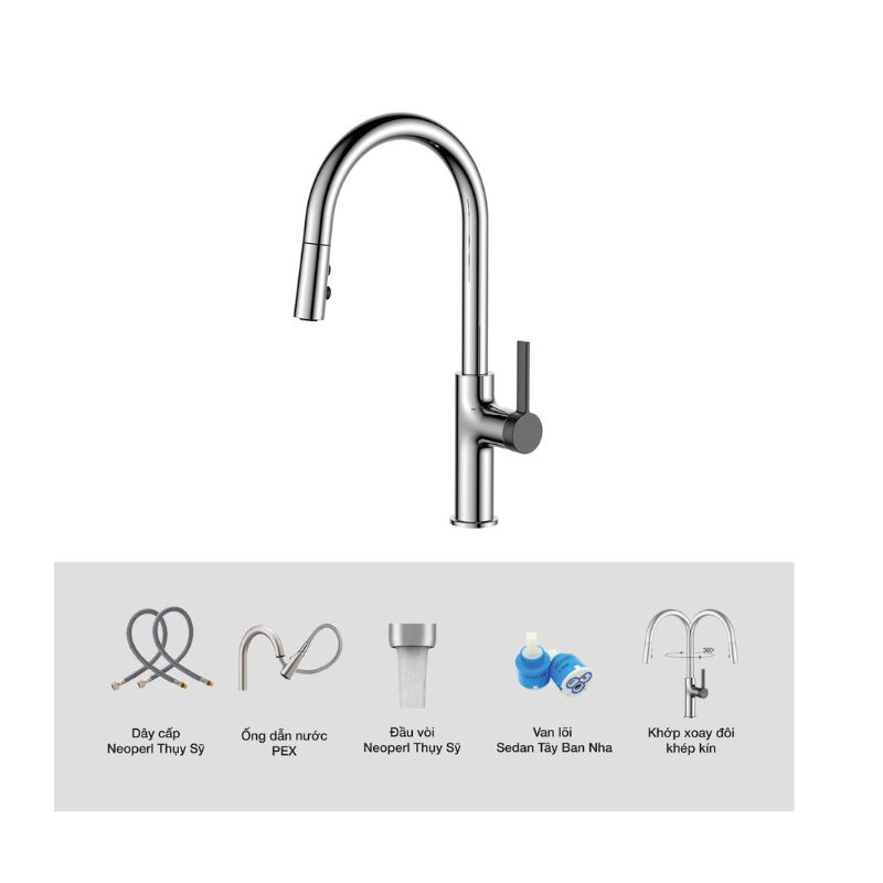 Vòi rửa bát nóng lạnh Kluger KLF0005C có dây rút 6 Ảnh cấu tạo Kluger KLF0005C có dây rút