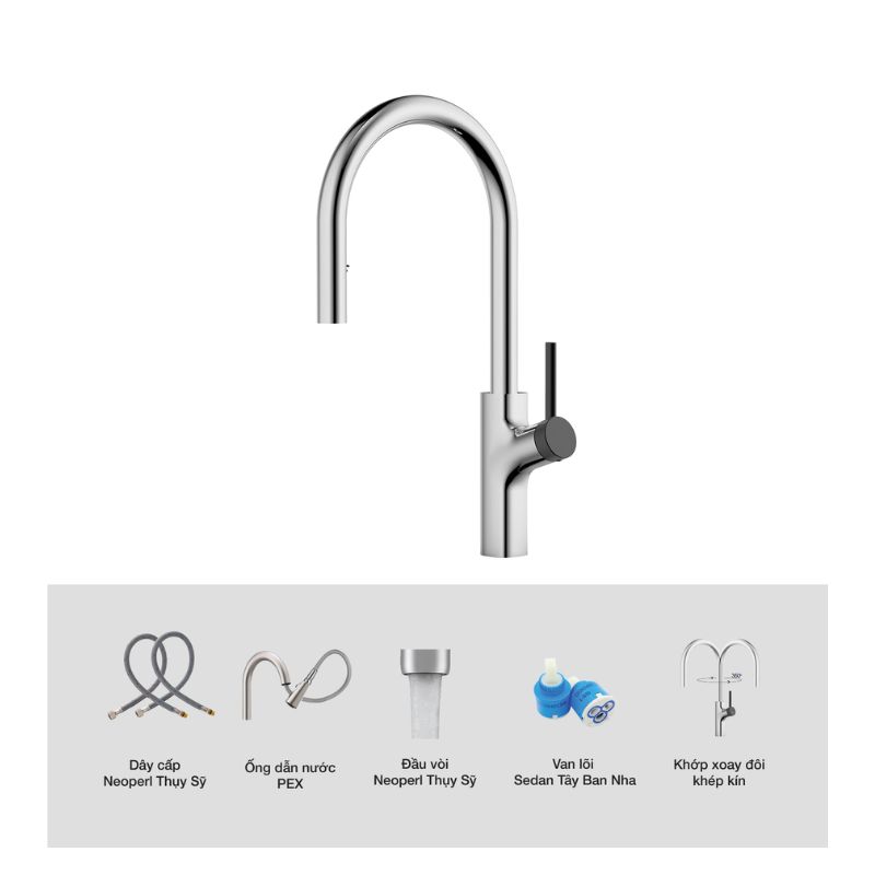 Vòi rửa bát nóng lạnh Kluger KLF0006C có dây rút 6 Ảnh cấu tạo Kluger KLF0006C có dây rút