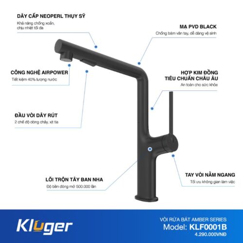Vòi rửa bát nóng lạnh Kluger KLF0001B có dây rút 10 Ảnh thông số Kluger KLF0001B có dây rút