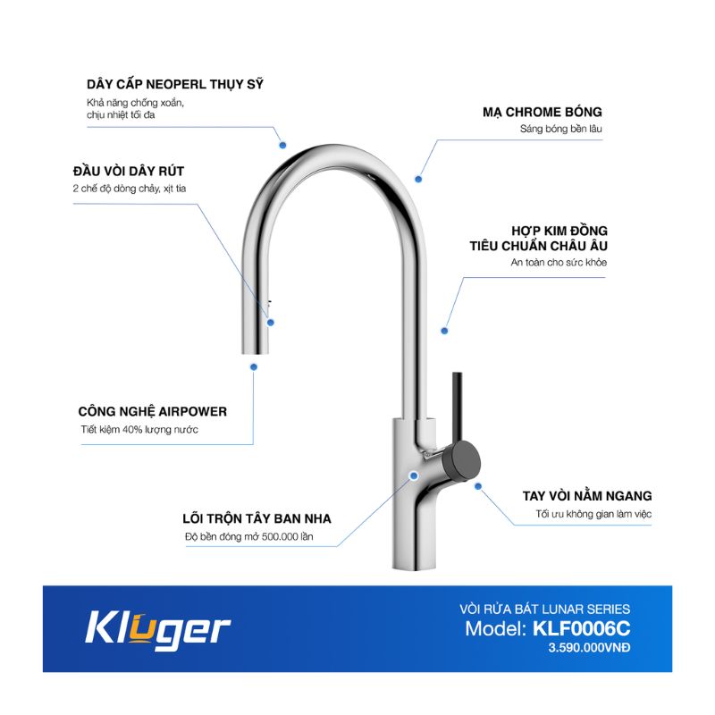 Vòi rửa bát nóng lạnh Kluger KLF0006C có dây rút 7 Ảnh thông số Kluger KLF0006C có dây rút
