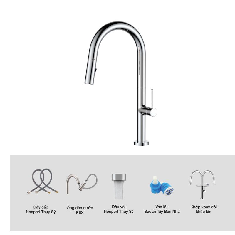 Vòi rửa bát nóng lạnh Kluger KLF0010C có dây rút 6 Ảnh thông số Kluger KLF0010C có dây rút