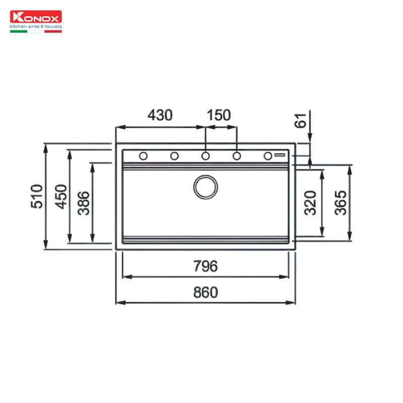 Chậu rửa bát đá 1 hố Konox Terra 860S Grey 5 Kích thước chậu rửa bát đá 1 hố Konox Terra 860S Grey