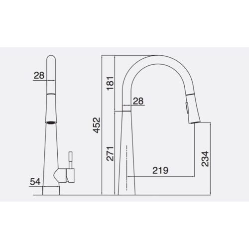 Kích thước vòi rửa bát nóng lạnh Kluger KLF0009S có dây rút