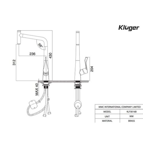 Vòi rửa bát nóng lạnh Kluger KLF0016C có dây rút 13 Kích thước vòi rửa bát nóng lạnh Kluger KLF0016C có dây rút