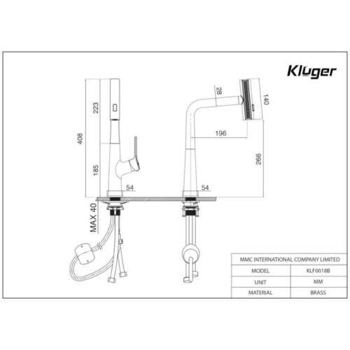 Vòi rửa bát nóng lạnh Kluger KLF0018B có dây rút 17 Kích thước vòi rửa bát nóng lạnh Kluger KLF0018B có dây rút