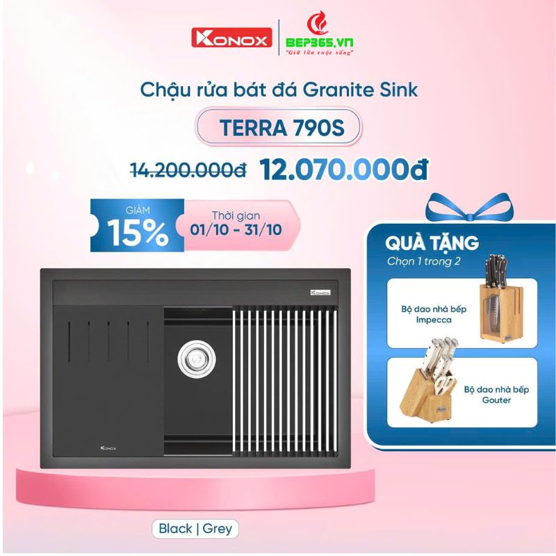 Chậu rửa bát đá 1 hố Konox Terra 790S Grey 3 Khuyến mãi chậu rửa bát đá 1 hố Konox Terra 790S